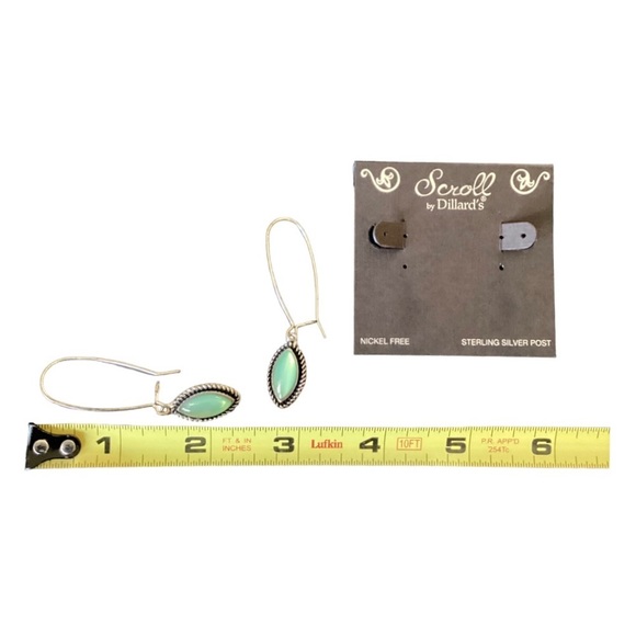 Scroll Silver Tone Green Cab Kidney Wire Earrings Sterling Silver Post - Picture 11 of 11